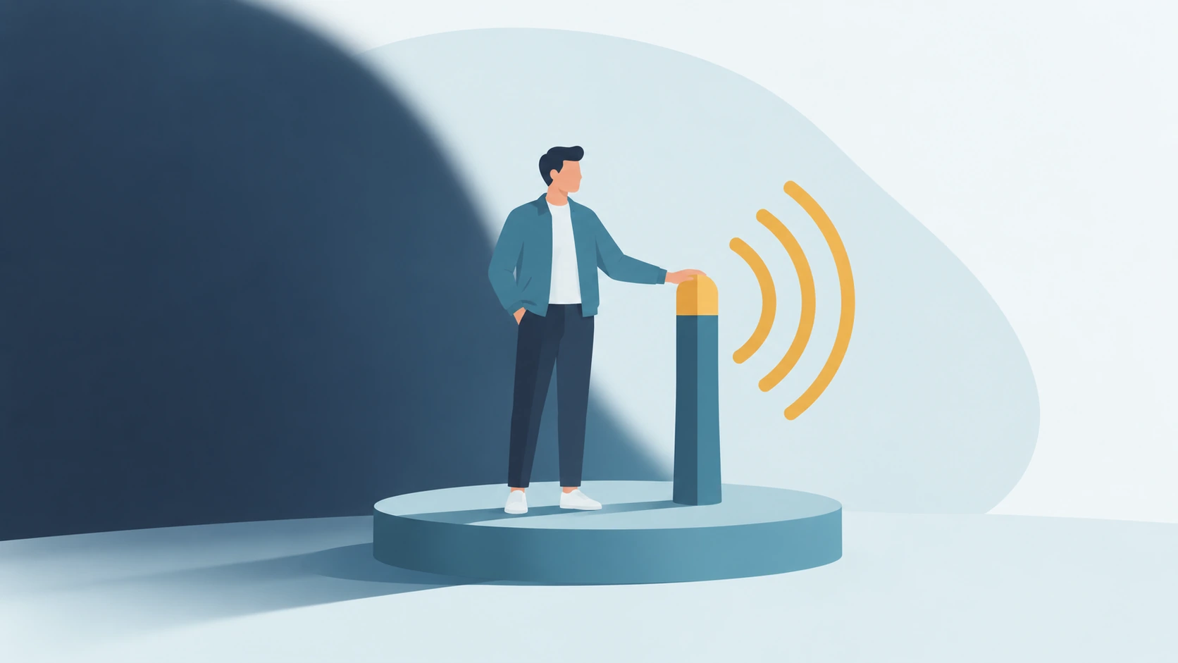 Чоловік на круглій платформі тримає руку на маяку, від якого розходяться три рівні дуги сигналу, позаду густа тінь