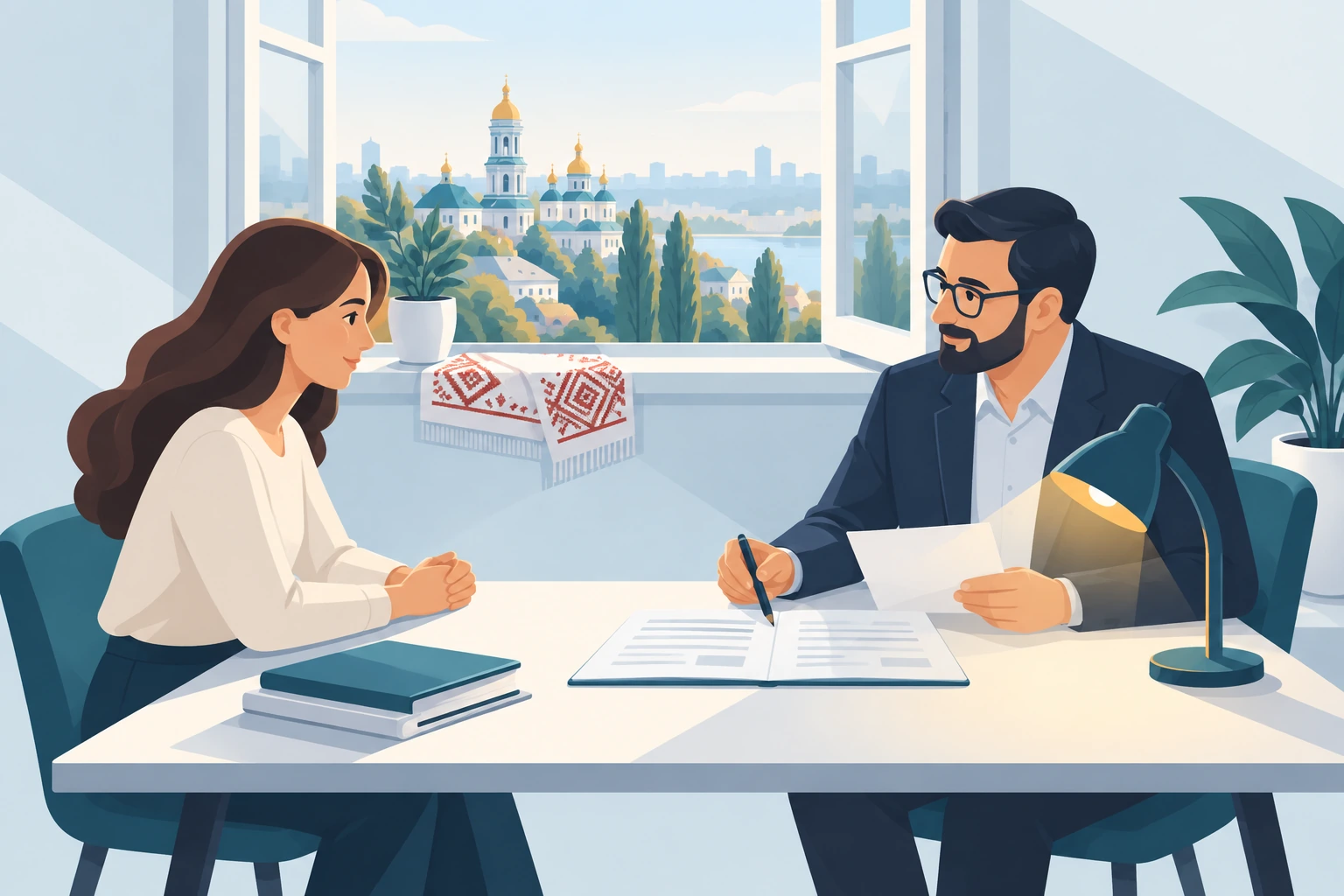 A candidate talks with an examiner across a desk; behind them an open window shows a city with golden domes and an embroidered towel on the sill