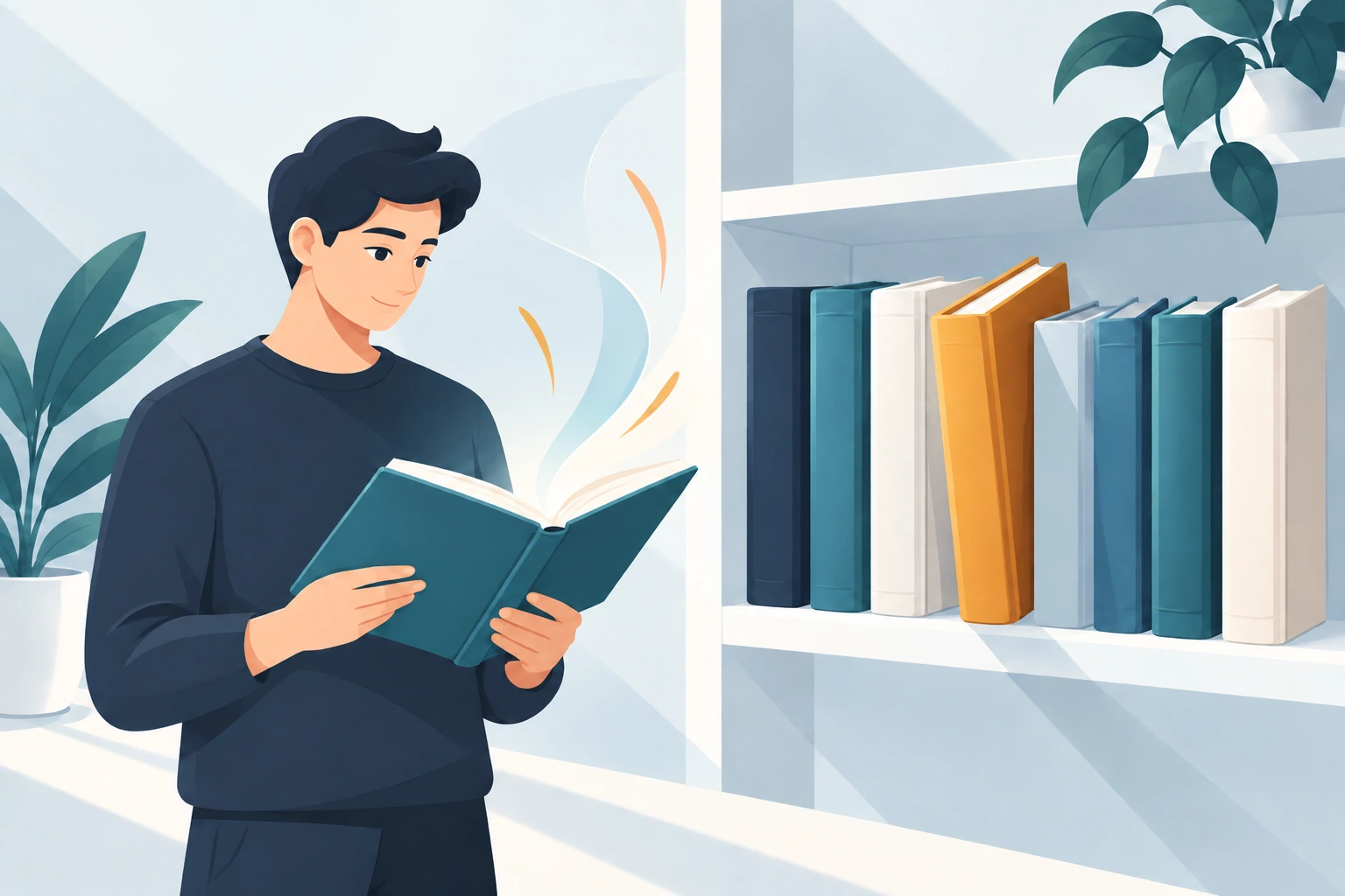Мужчина с раскрытой книгой у полки с семью учебниками, один корешок выдвинут
