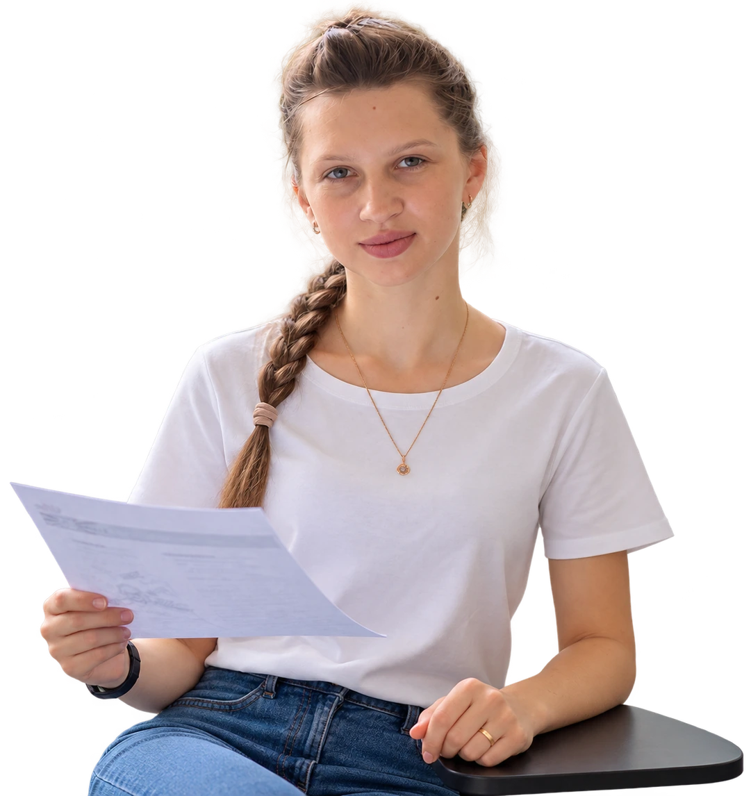 Подготовка к IELTS онлайн: молодая женщина с листом заданий в руке