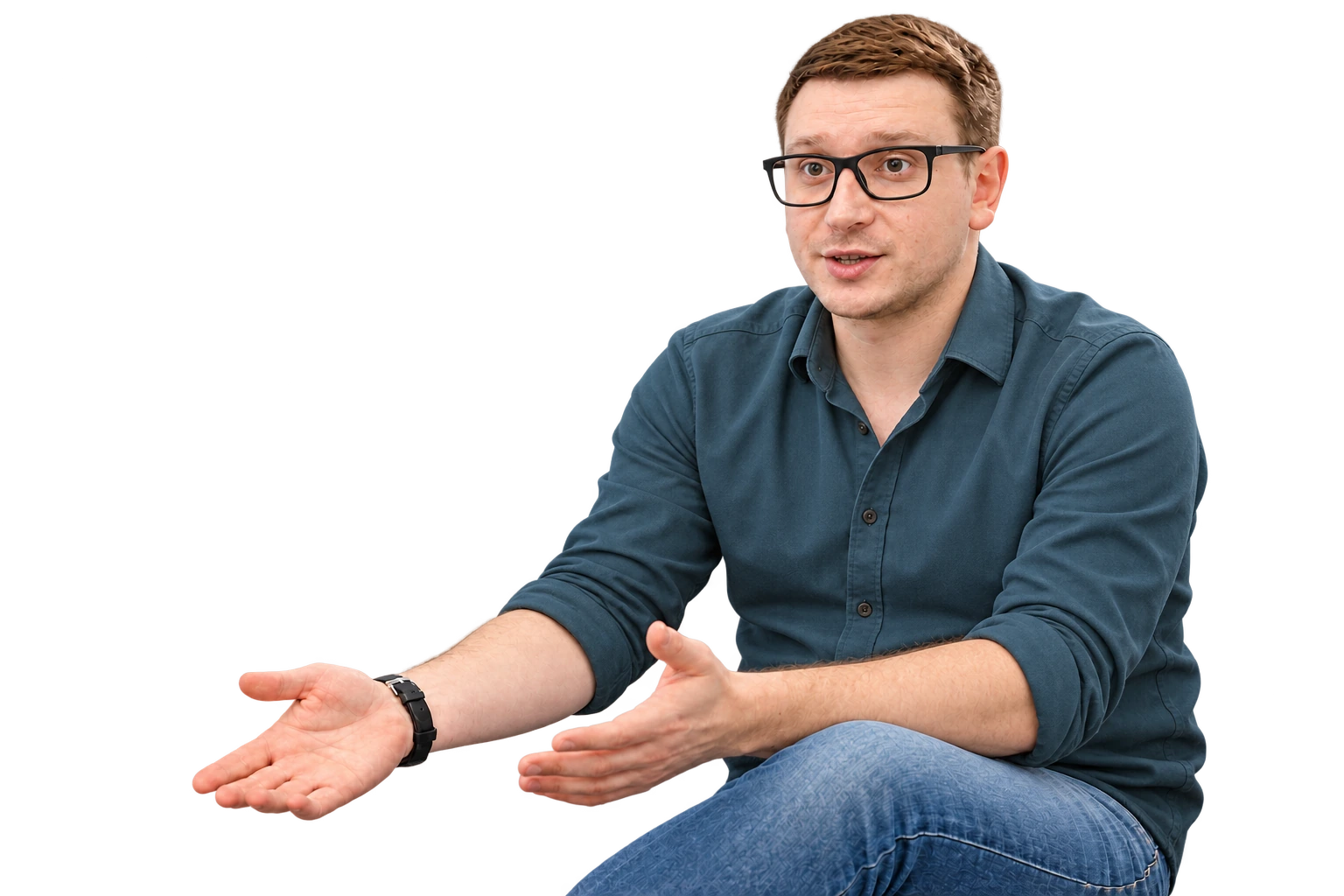 A teacher gesturing during English speaking practice